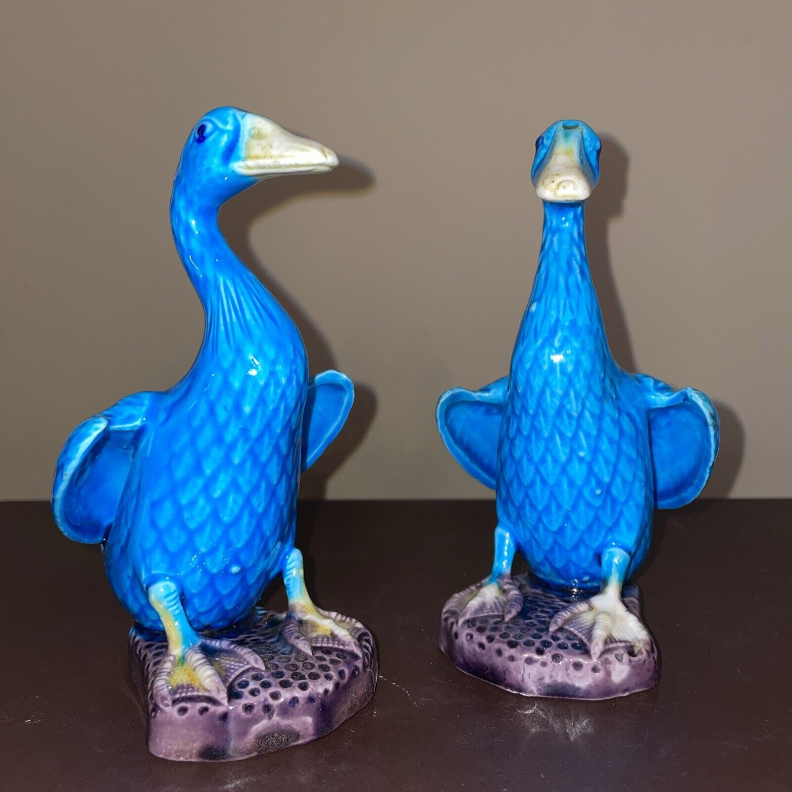 2  Vintage Turquoise Blue Porcelain Chinese 6”  Duck Goose Statues 1940s