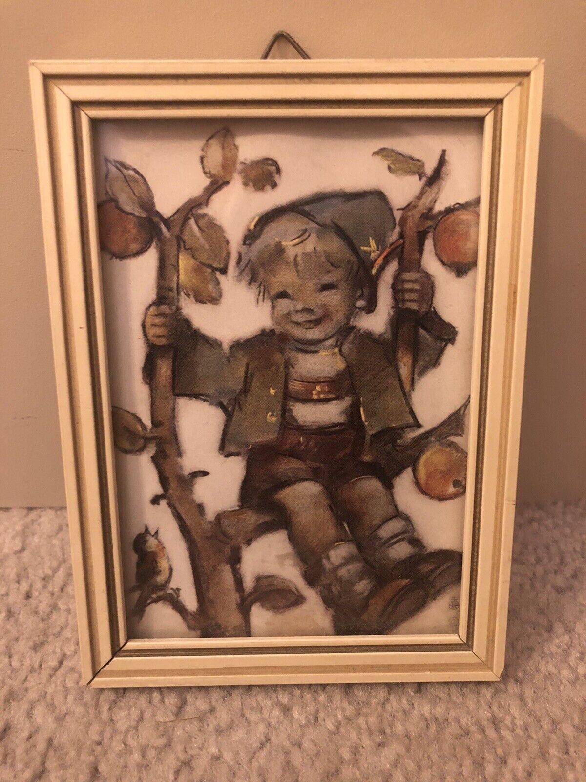 Vintage Hummel Print 4 x 5 Framed Art Print Boy in Apple Tree, Gold Wood Frame
