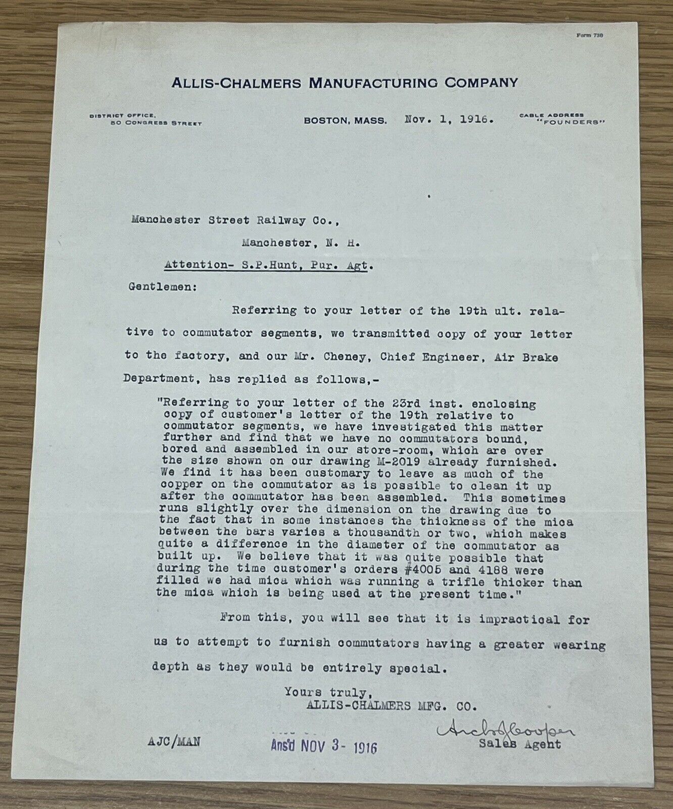 1916 Allis-Chalmers Manufacturing Company Letter Letterhead Boston Massachusetts
