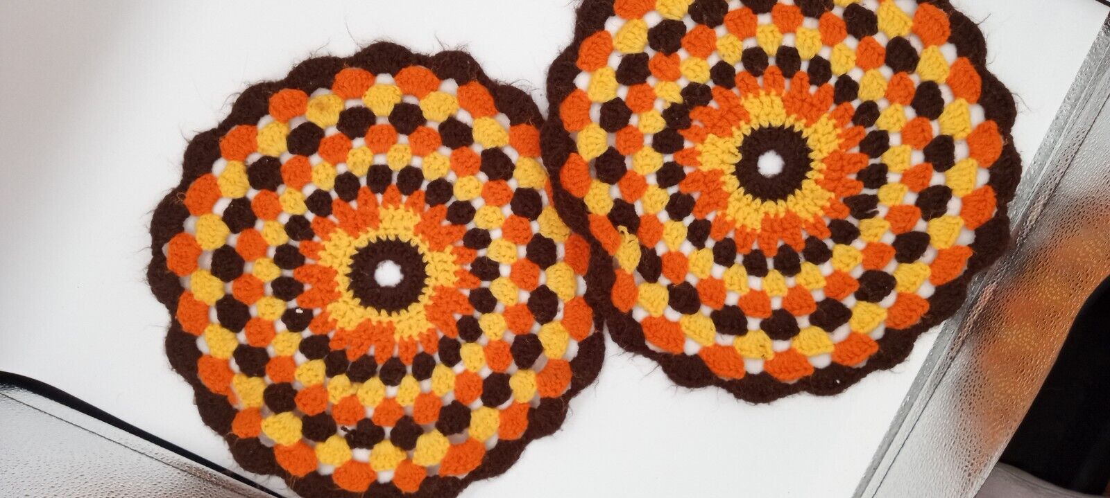 Vintage Pair 2 Hand Crocheted Big Trivet Hot Pad Handmade Brown/Orange Potholder