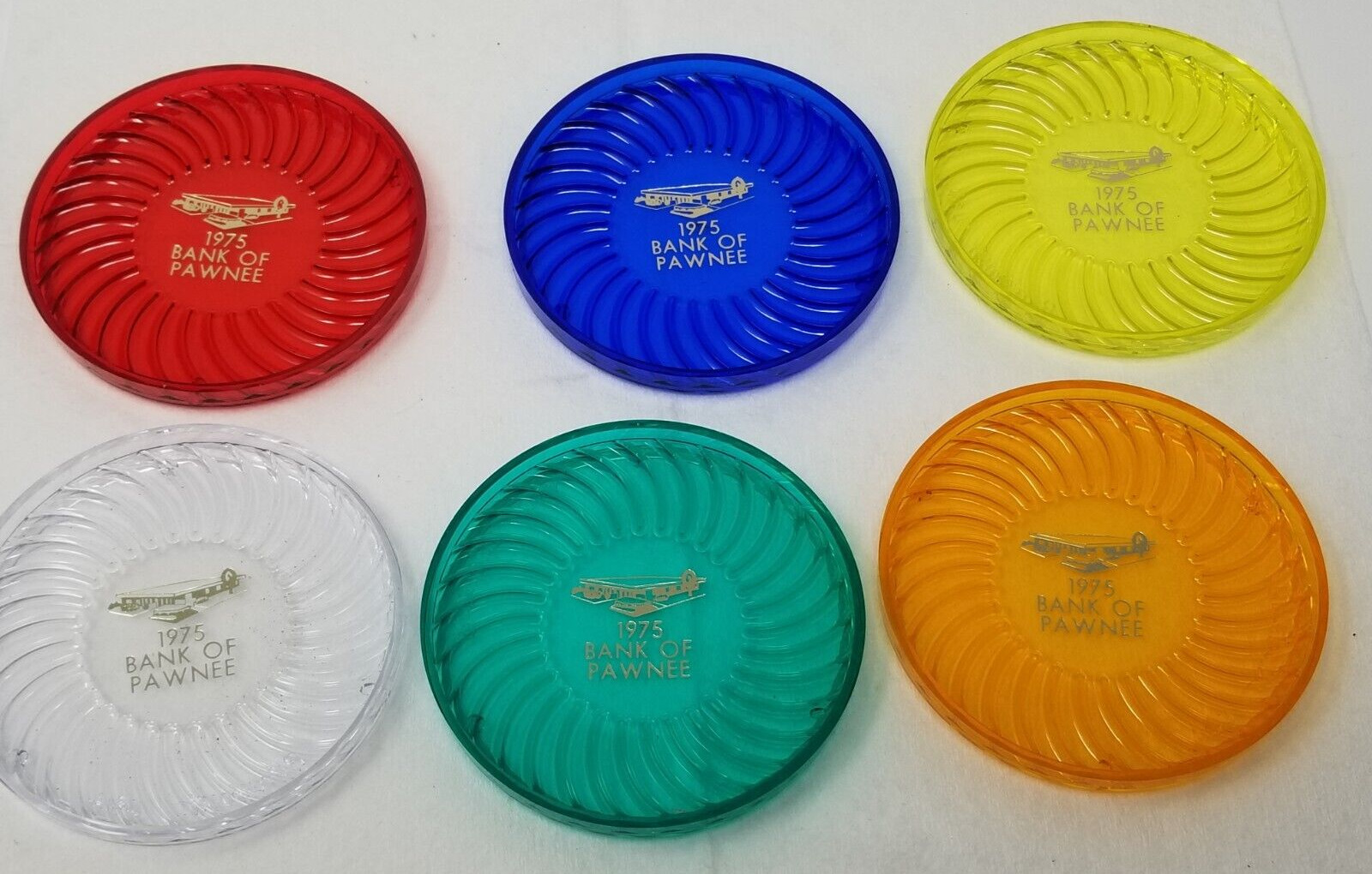 Bank of Pawnee 1975 Coasters Colorful Set of 6 Vintage New Plastic Swirl