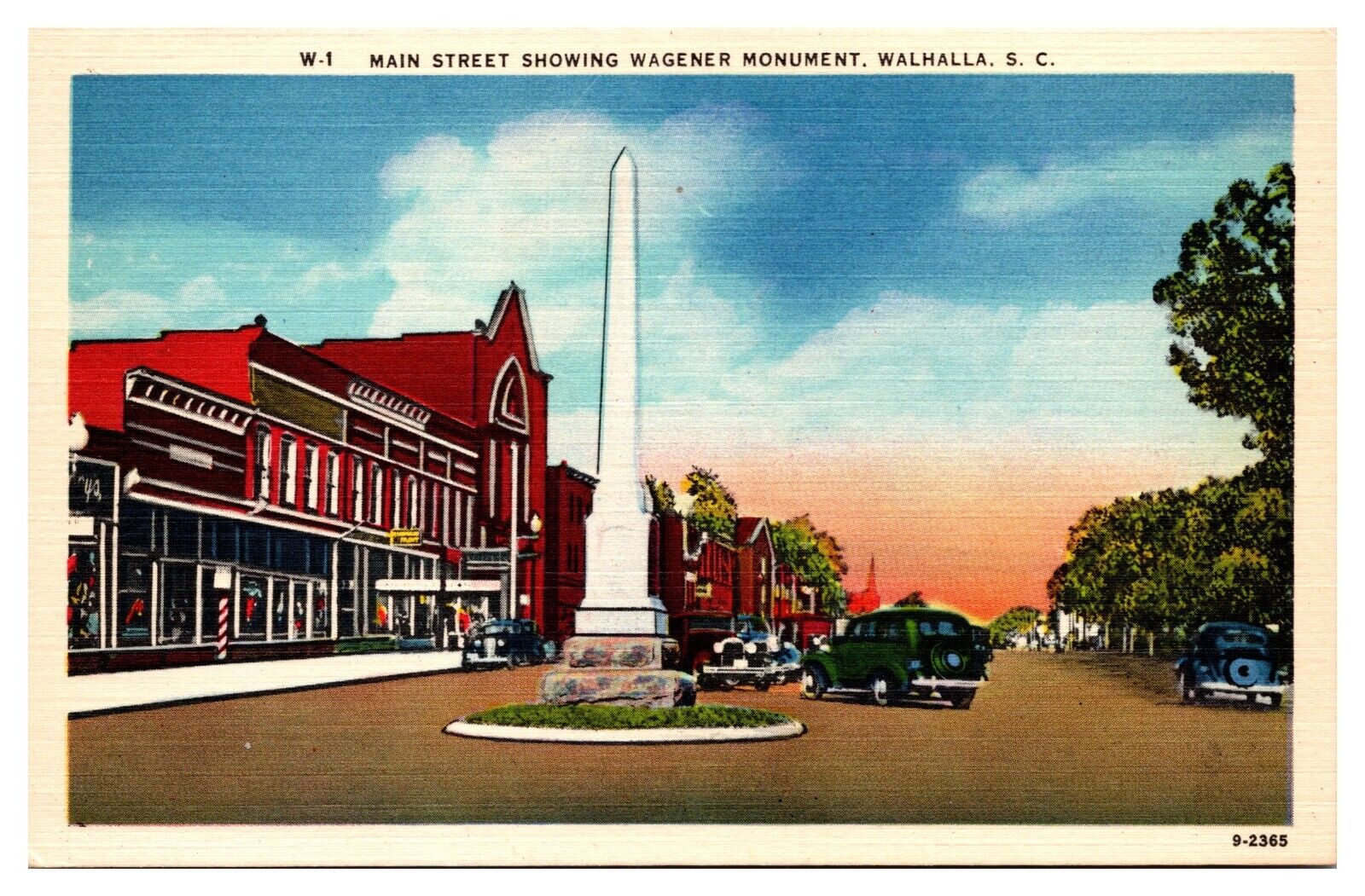 VTG Main St. Showing Wagener Monument, Barber Pole, Stores, Walhalla, SC