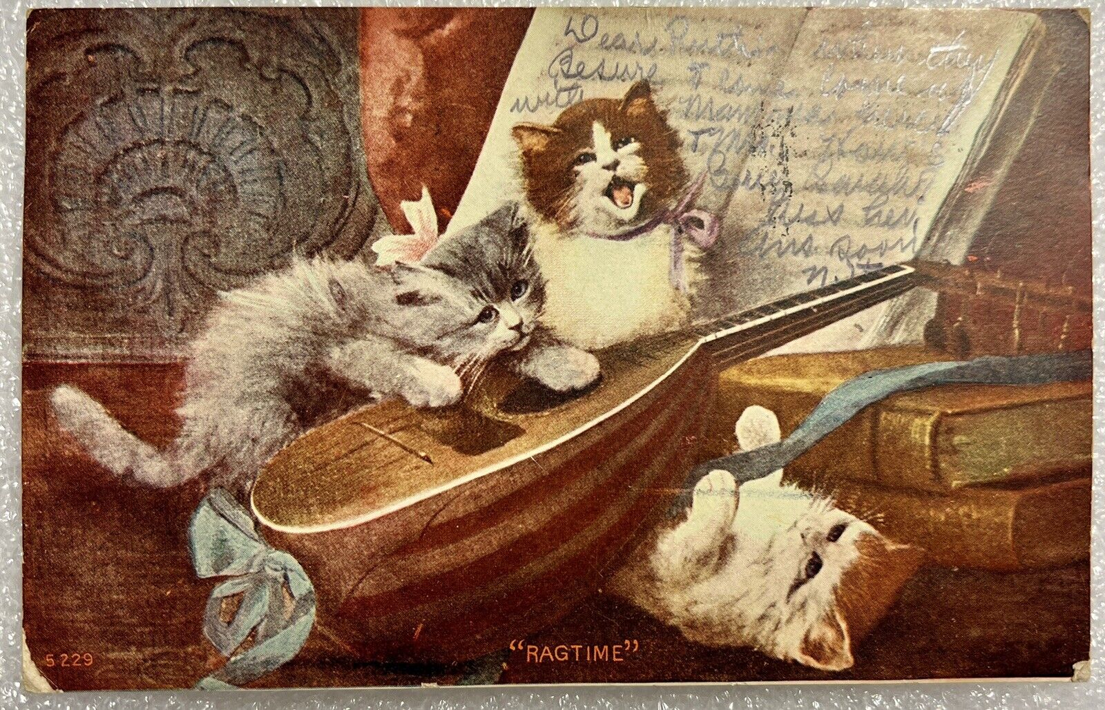 Cat Kitten Embossed Postcard 1906 Ragtime Kitten Mandolin Some Wear