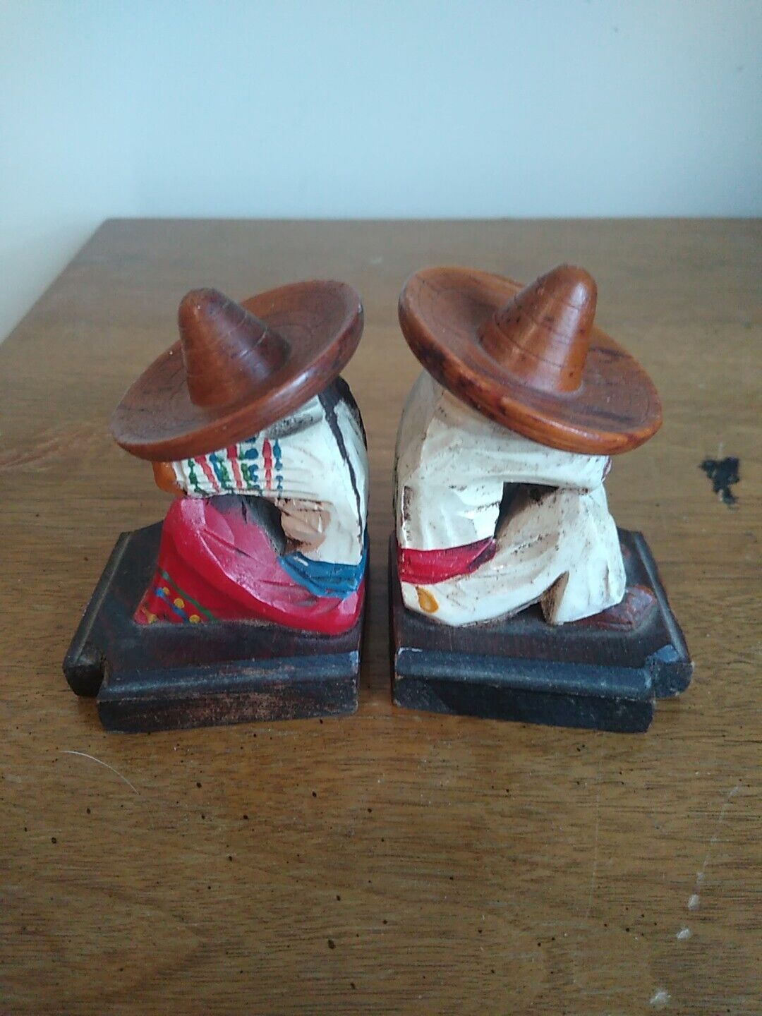 Folk Art Carved Wood Mexican Siesta Man and Woman Mini Bookends Vintage