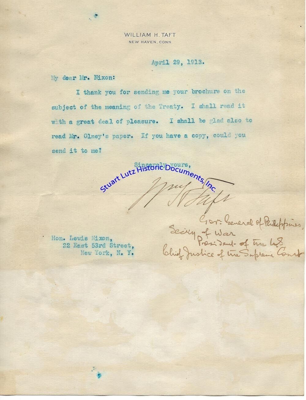 William Taft signed letter 1913 re Treaty just after end of Presidency