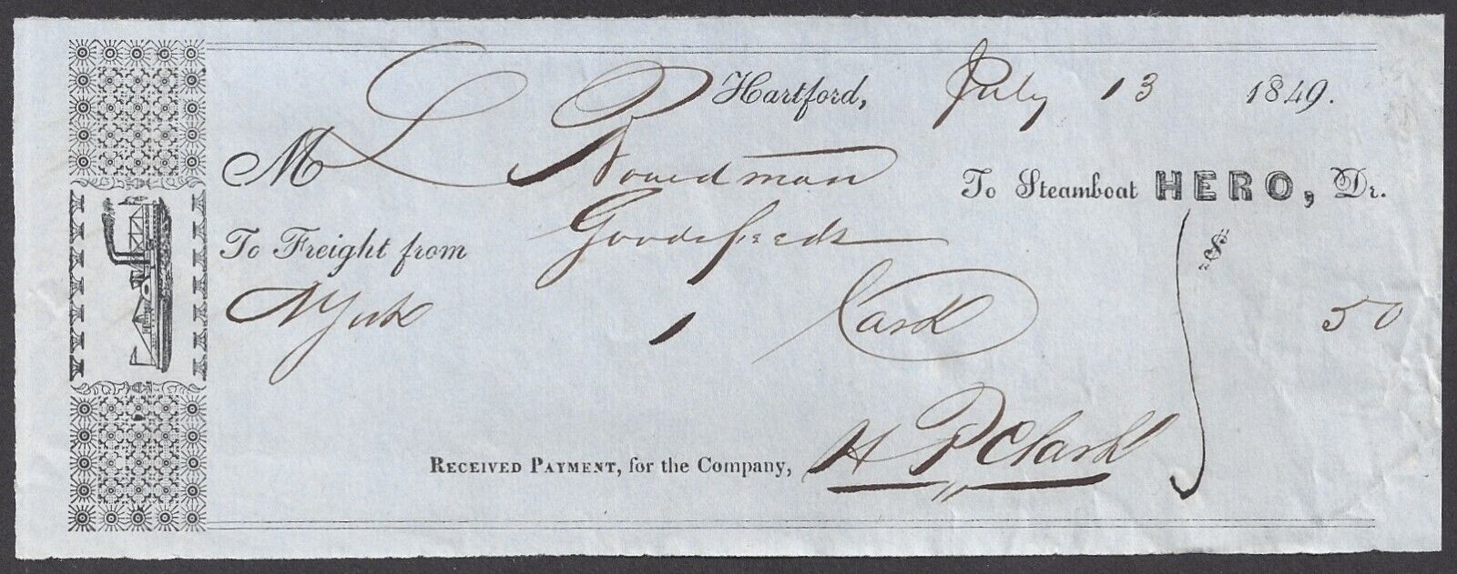 HARTFORD, CT ~ STEAMER HERO ~ Freight from NY ~ Illustrated Receipt July 1849