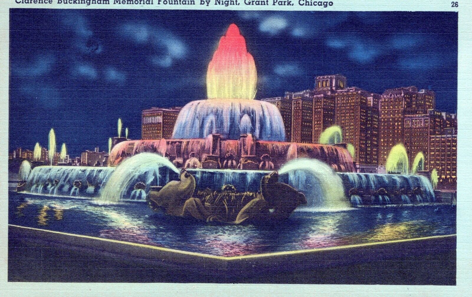 Clarence Buckingham Memorial Fountain by Night Chicago Illinois Linen Postcard