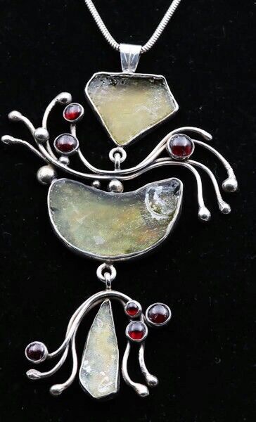 Vintage80 Rachel Gera Sterling Silver Pendent Ancient Roman Glass Signed O.O.A.k