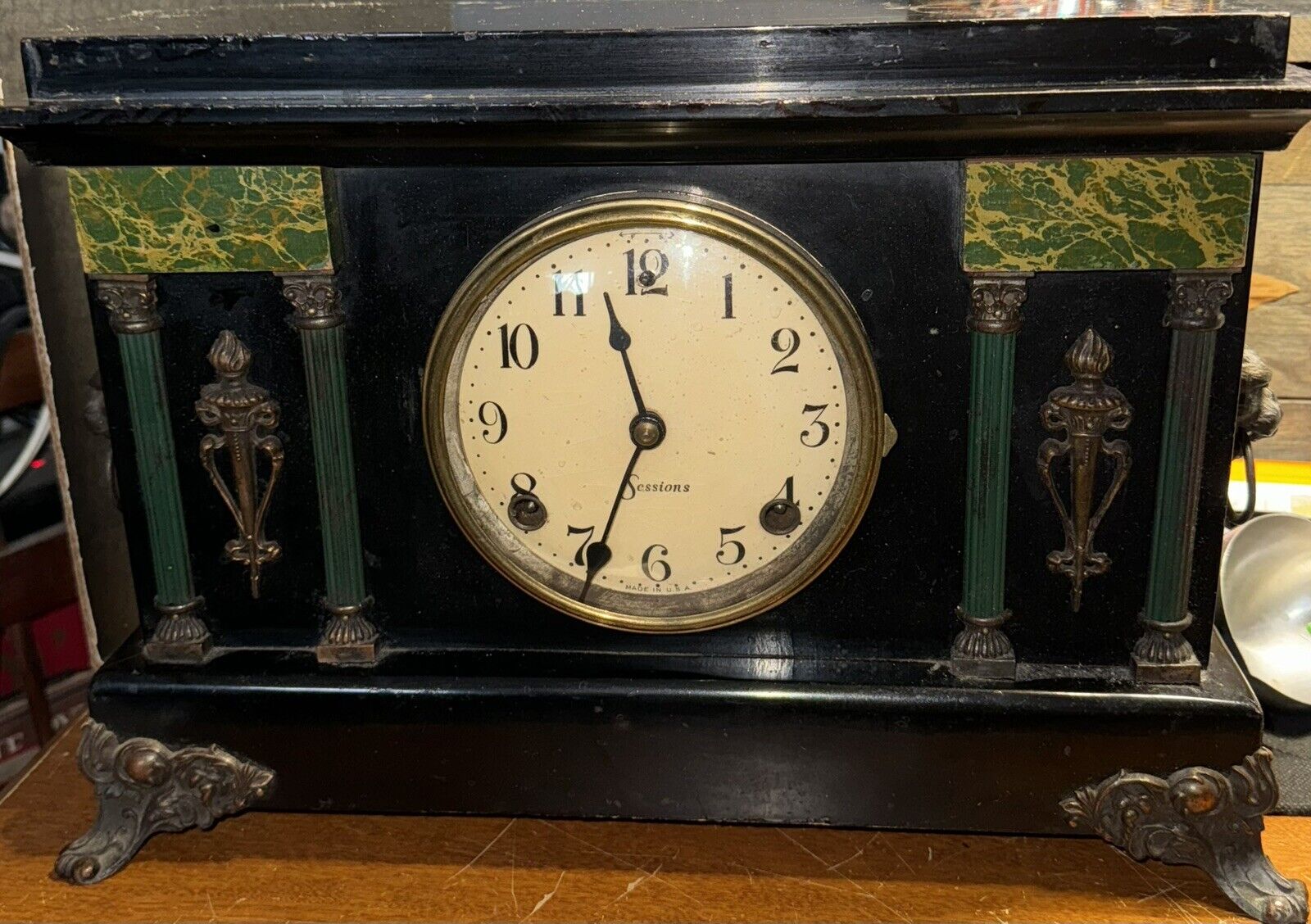 Antique Sessions 8 Day Mantle Clock Lion Head Handles Runs Chimes Hours