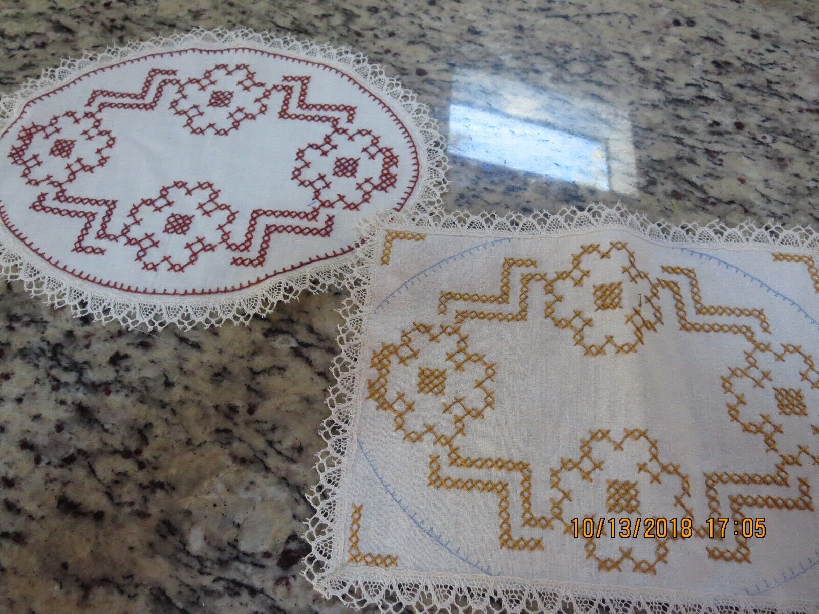 2 VTG. HAND EMBROIDERED DOILIES WITH LACE--(1) 10\