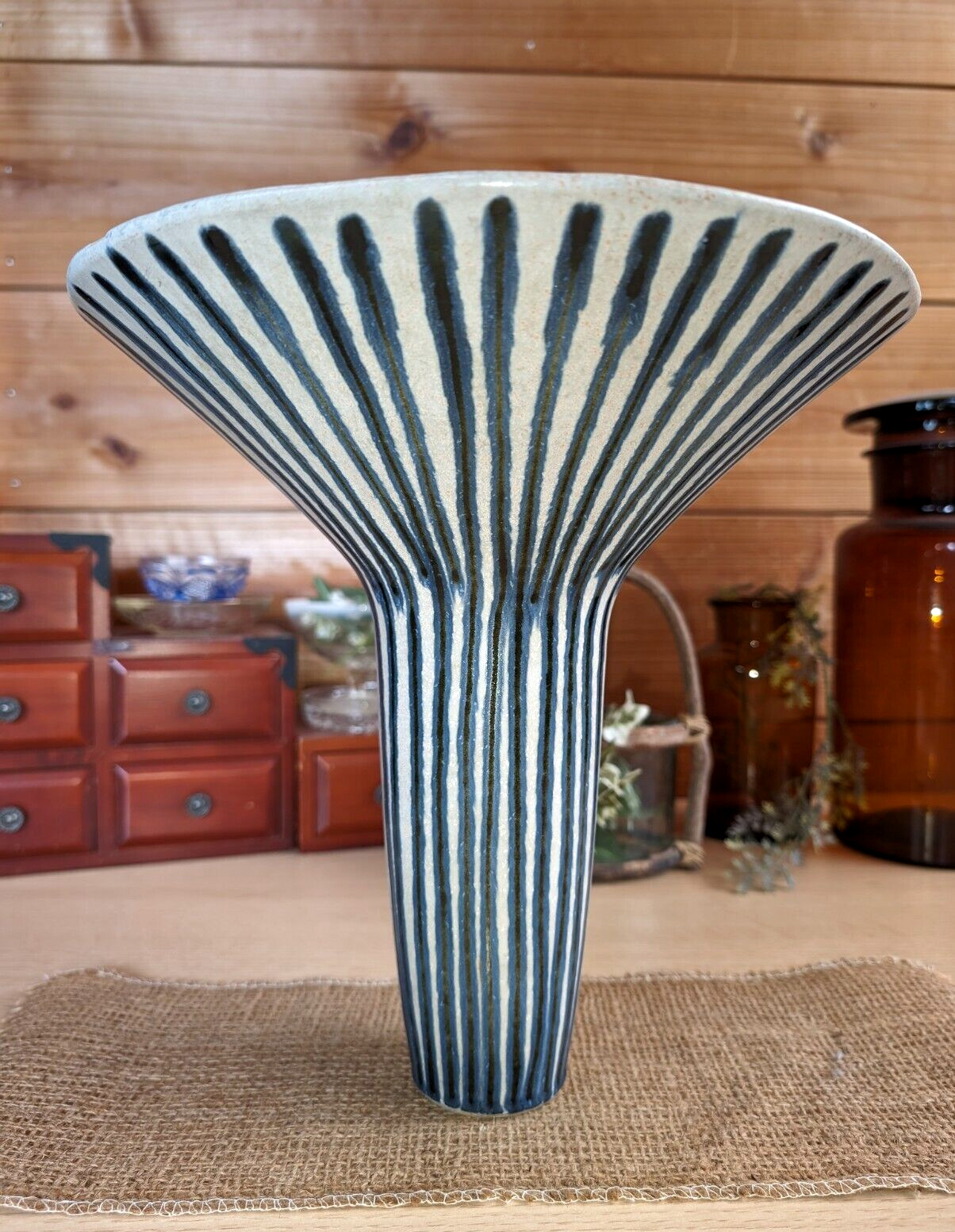 Japanese Ikebana Flower arrangement Vase Japan Kyoto-ware Stripe Trumpet-shaped