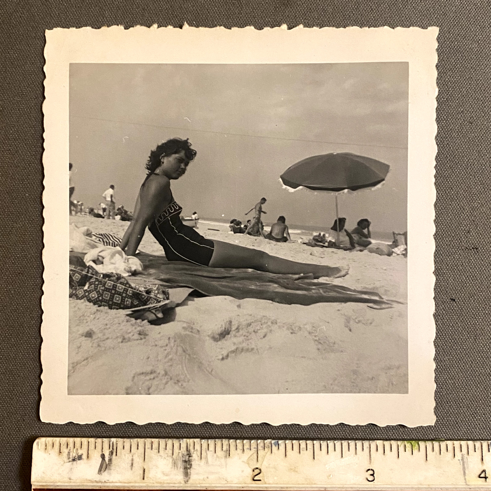 1950s B&W Photo Young Woman Bathing Suit Beach Original Vintage