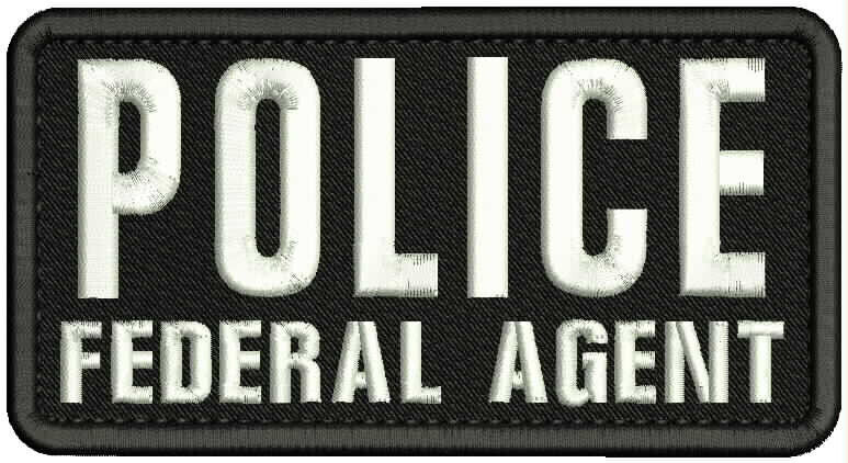 POLICE FEDERAL AGENT EMBROIDERY PATCH 3X6\'\' HOOK ON BACK WHITE ON BLACK