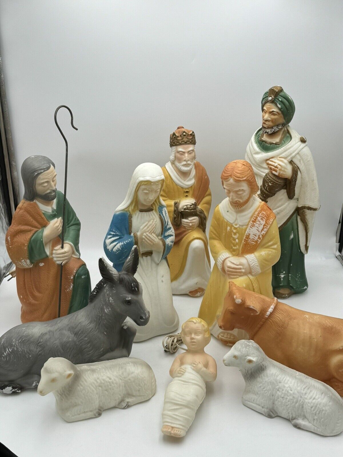 VTG Poloron Nativity Blow Mold Set Manger Christmas 1960 10 PC Mary Jesus Read