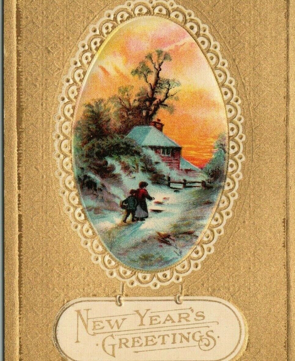 New Year\'s Greetings Gold Embossed Postcard