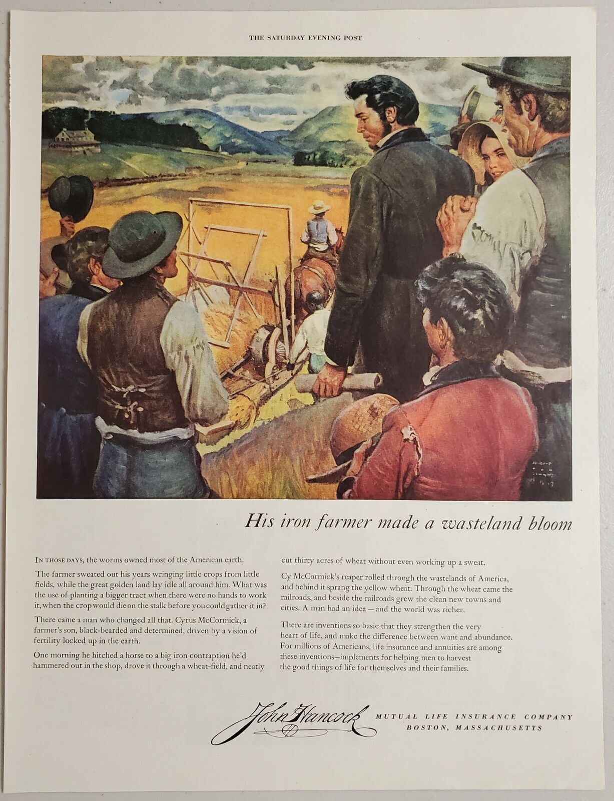 1948 Print Ad John Hancock Insurance Cyrus McCormick\'s Reaper in Farm Field