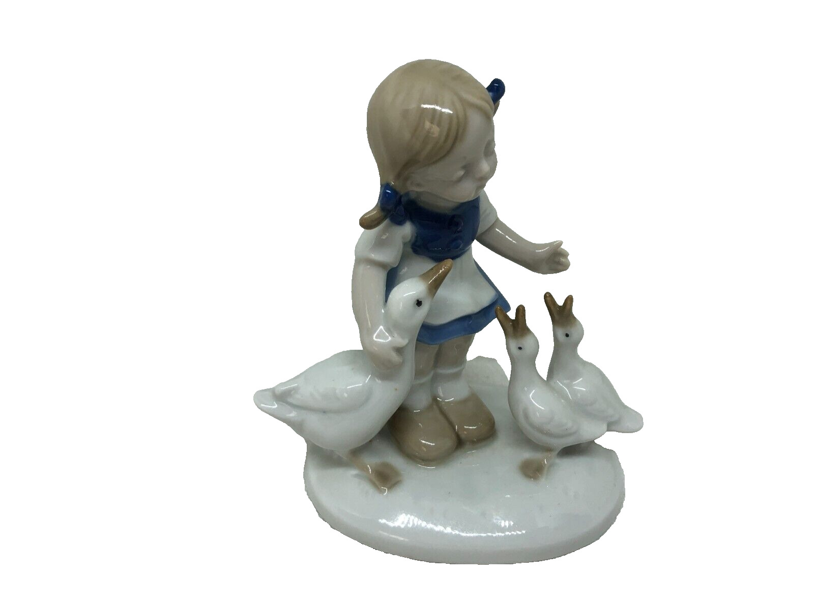 Vintage Porcelain Girl With Horn & 3 Geese 4.5” Figurine Denmark Blue and White