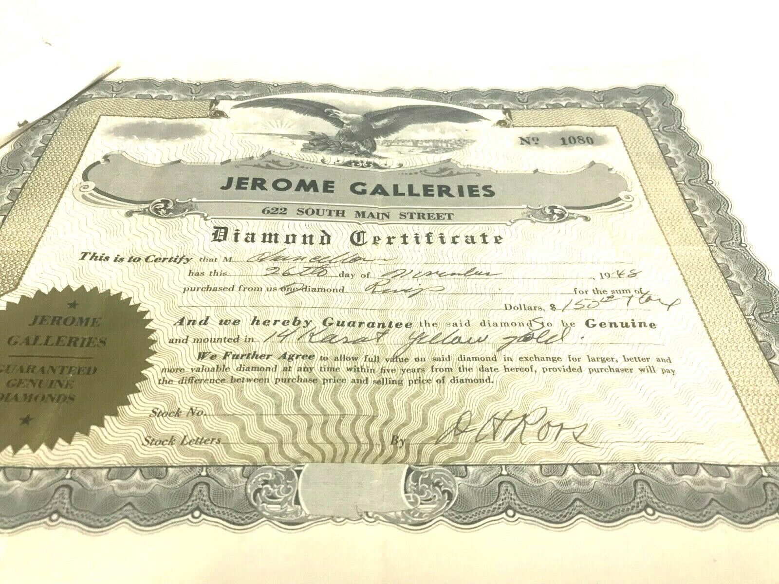 1948-Jerome Galleries-Los Angeles, California-Diamond Certificate-Stock-GOES (P)