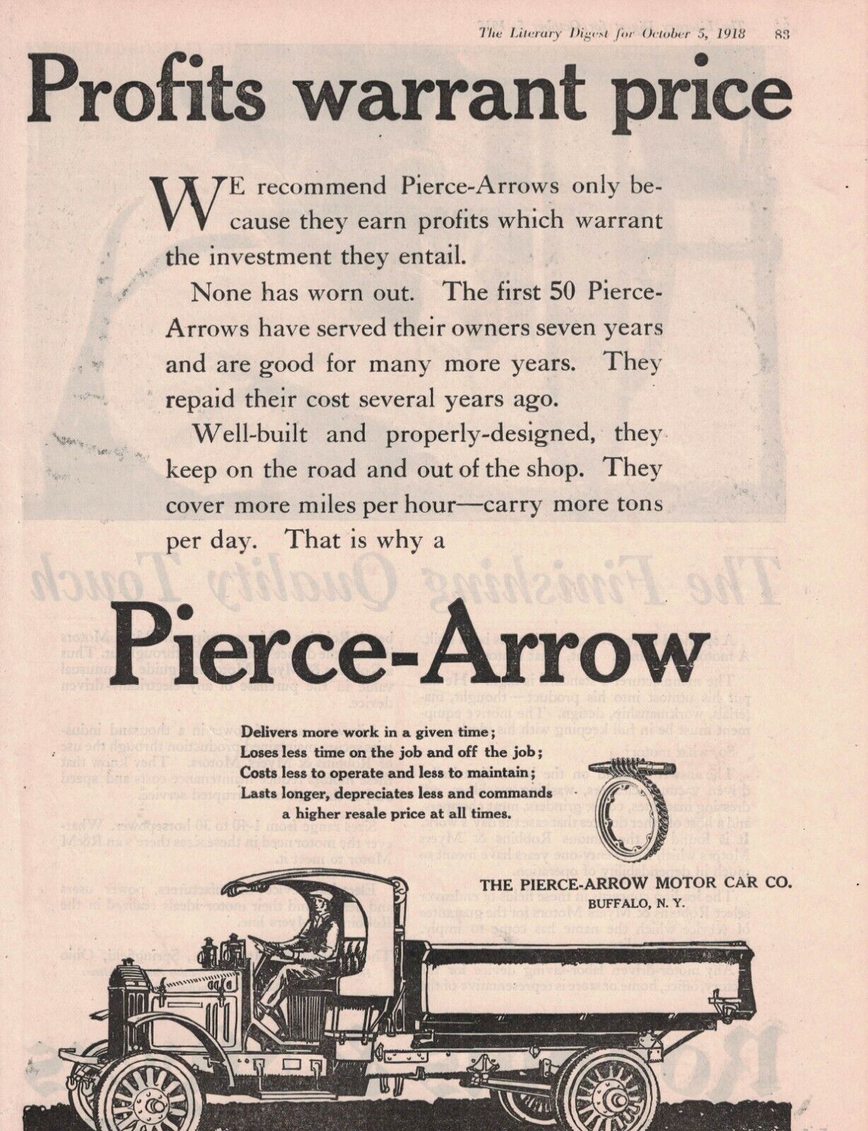 1918 Pierce Arrow Dump Truck Original ad - Rare - Profits warrant price