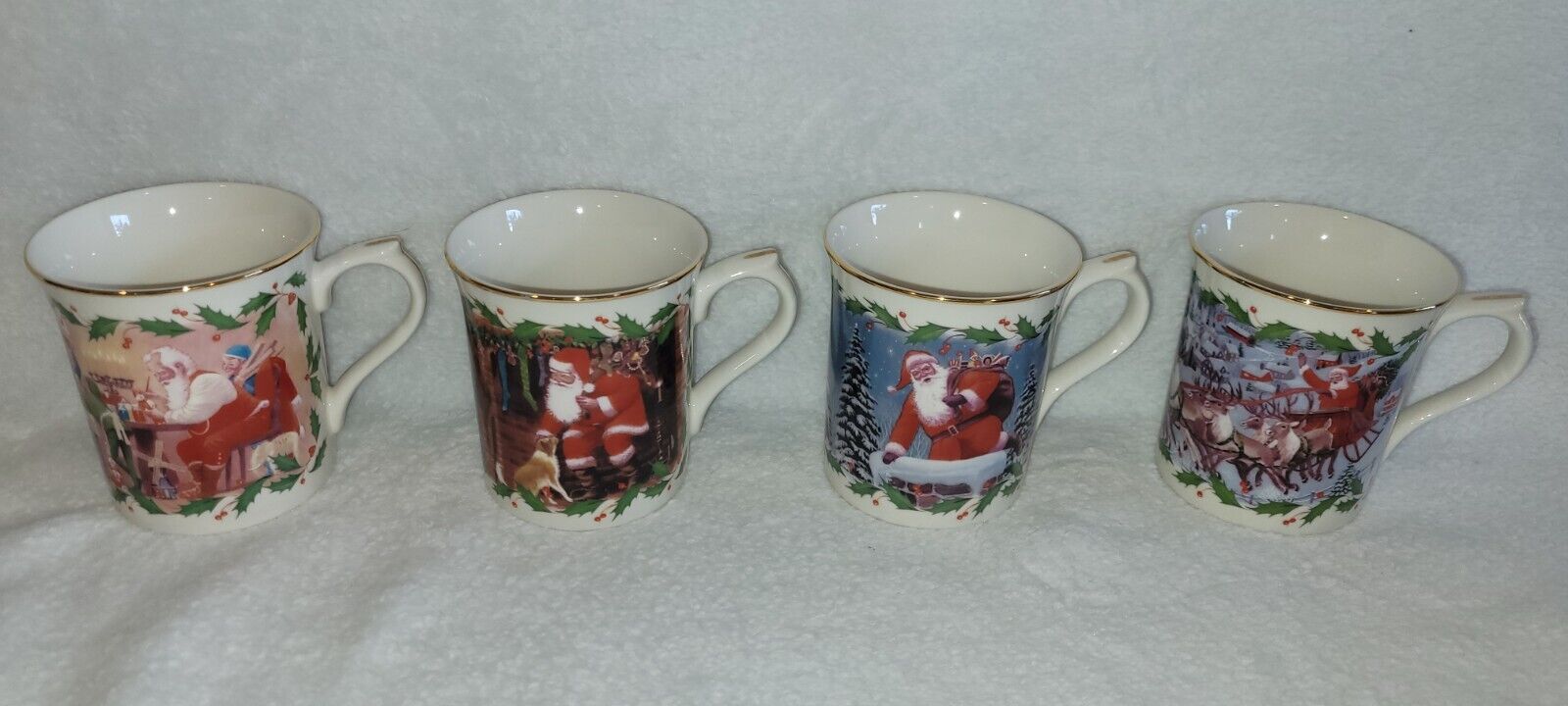 Set Of 4 Vintage Lenox Christmas Mugs Santa's Holiday Journey Reindeer Elves