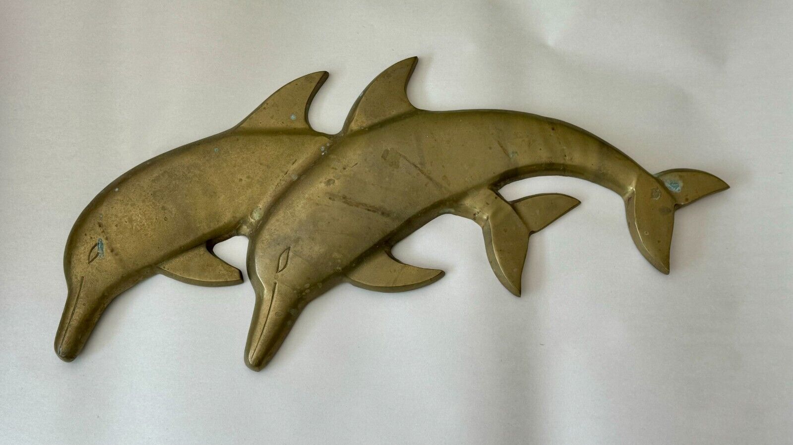 Vintage Large Solid BRASS Double Dolphin Wall Figure Hanging India