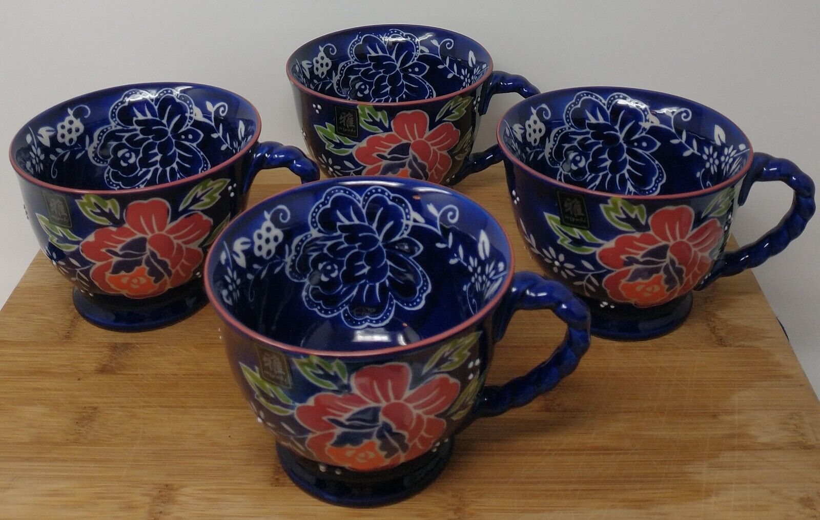 4 Pc Set* Yokohama Studio Hand Painted Navy Blue Floral Mugs NWT GIFT BEAUTIFUL 