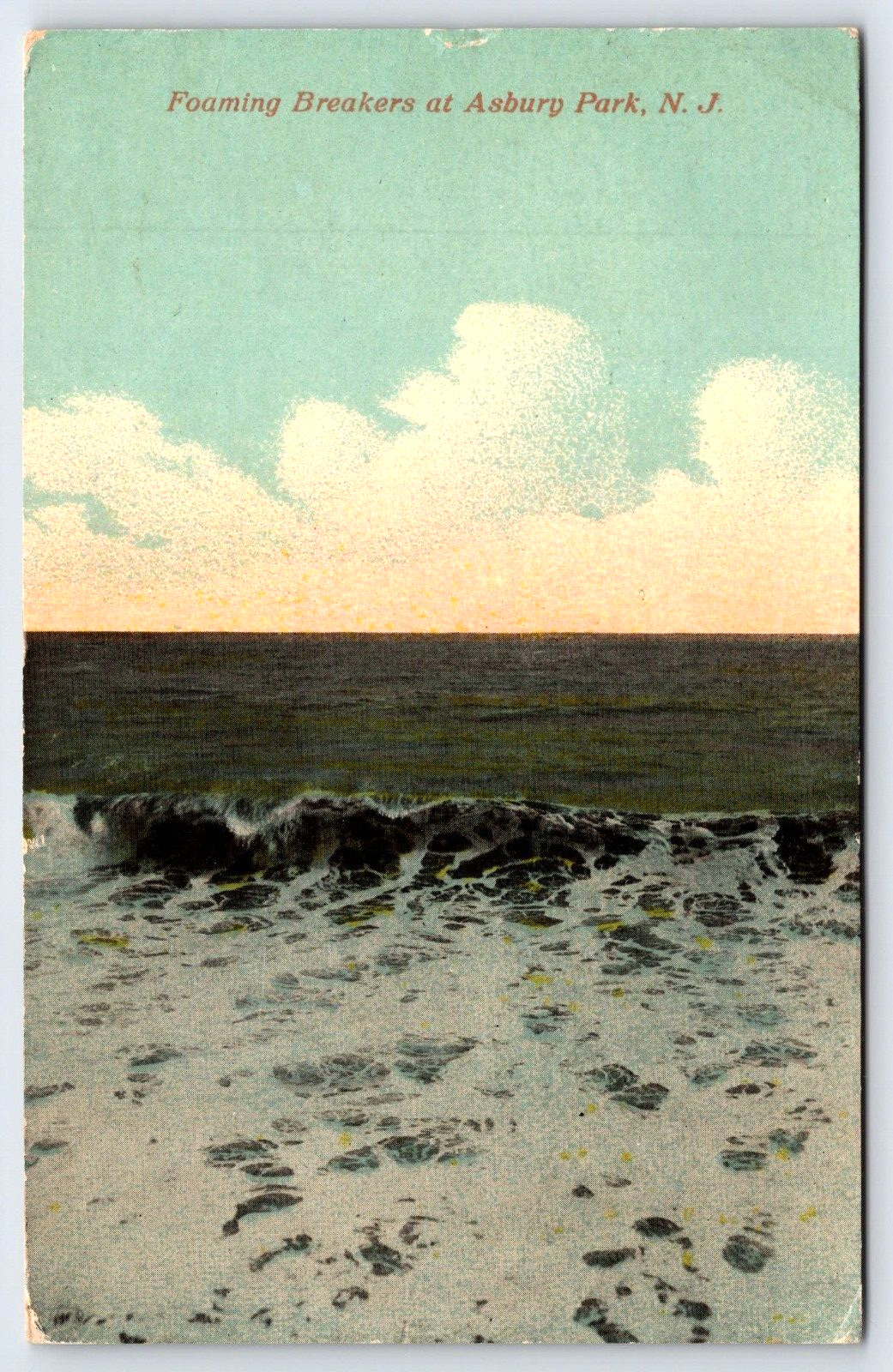 Original Old Outdoor Vintage Postcard Ocean Waves Asbury New Jersey USA 1913