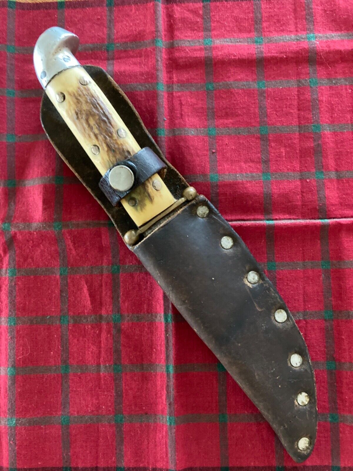 Old Custom Made Stag Handle Fixed Blade knife W/Sheath