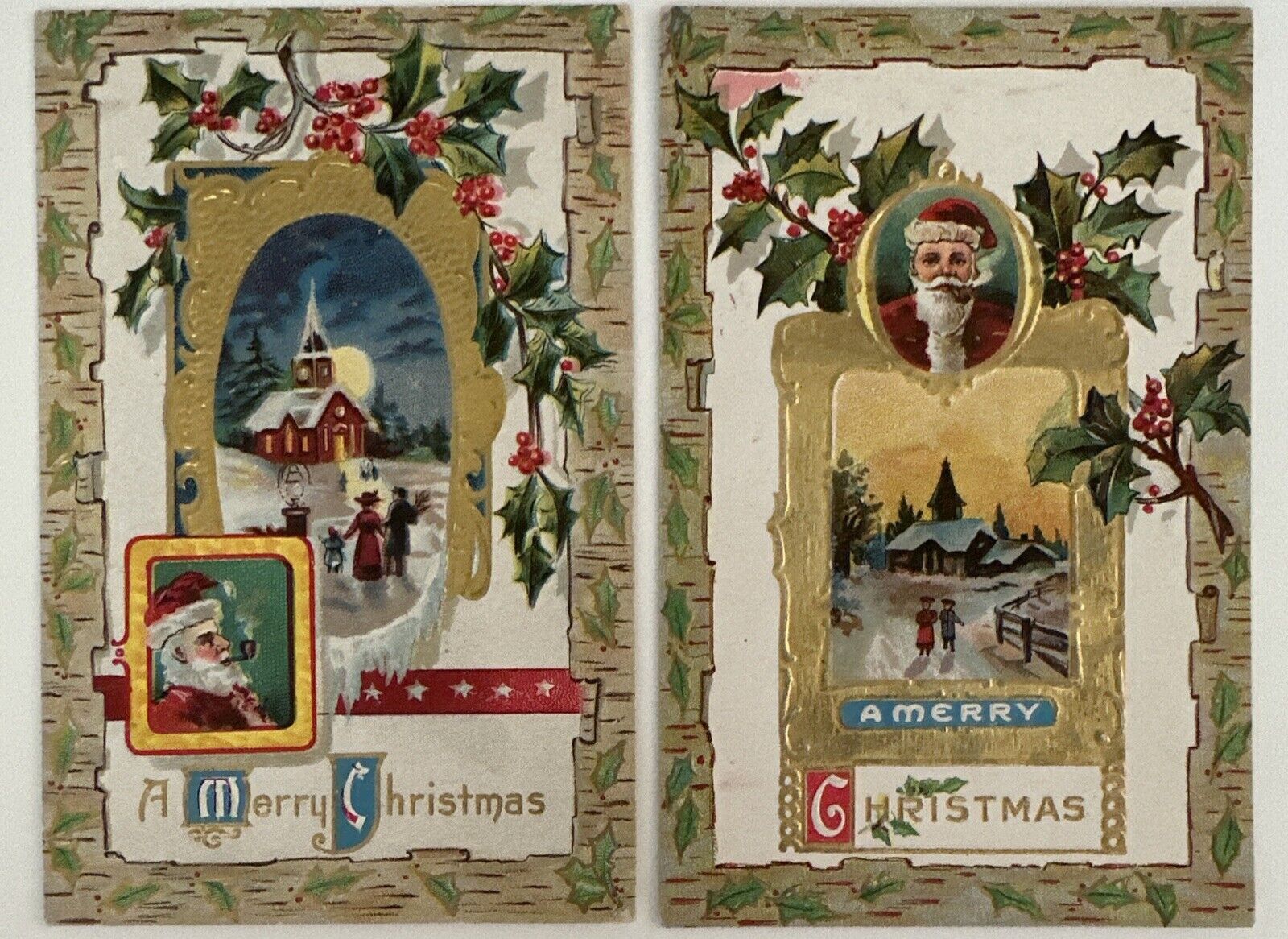 Vintage Merry Christmas Postcards Santa And Scenery Embossed Lot Of 2