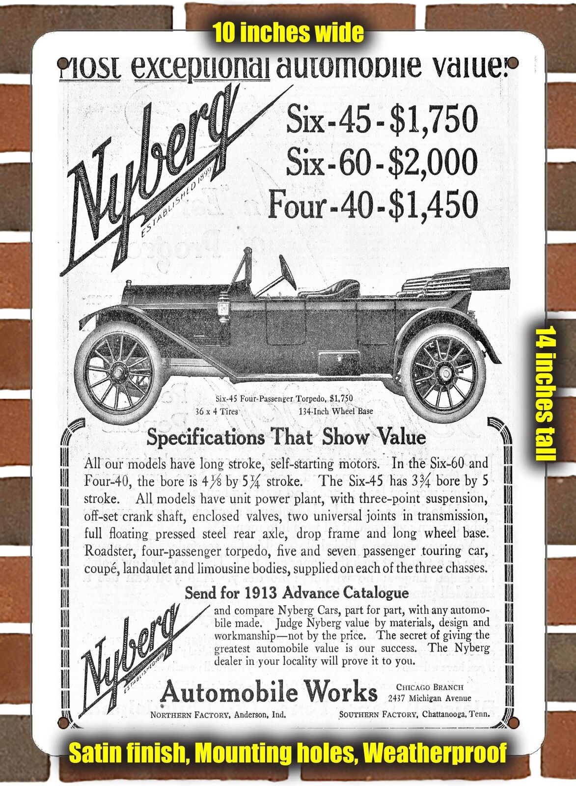 Metal Sign - 1912 Nyberg Six-45 Four-Passenger Torpedo- 10x14 inches