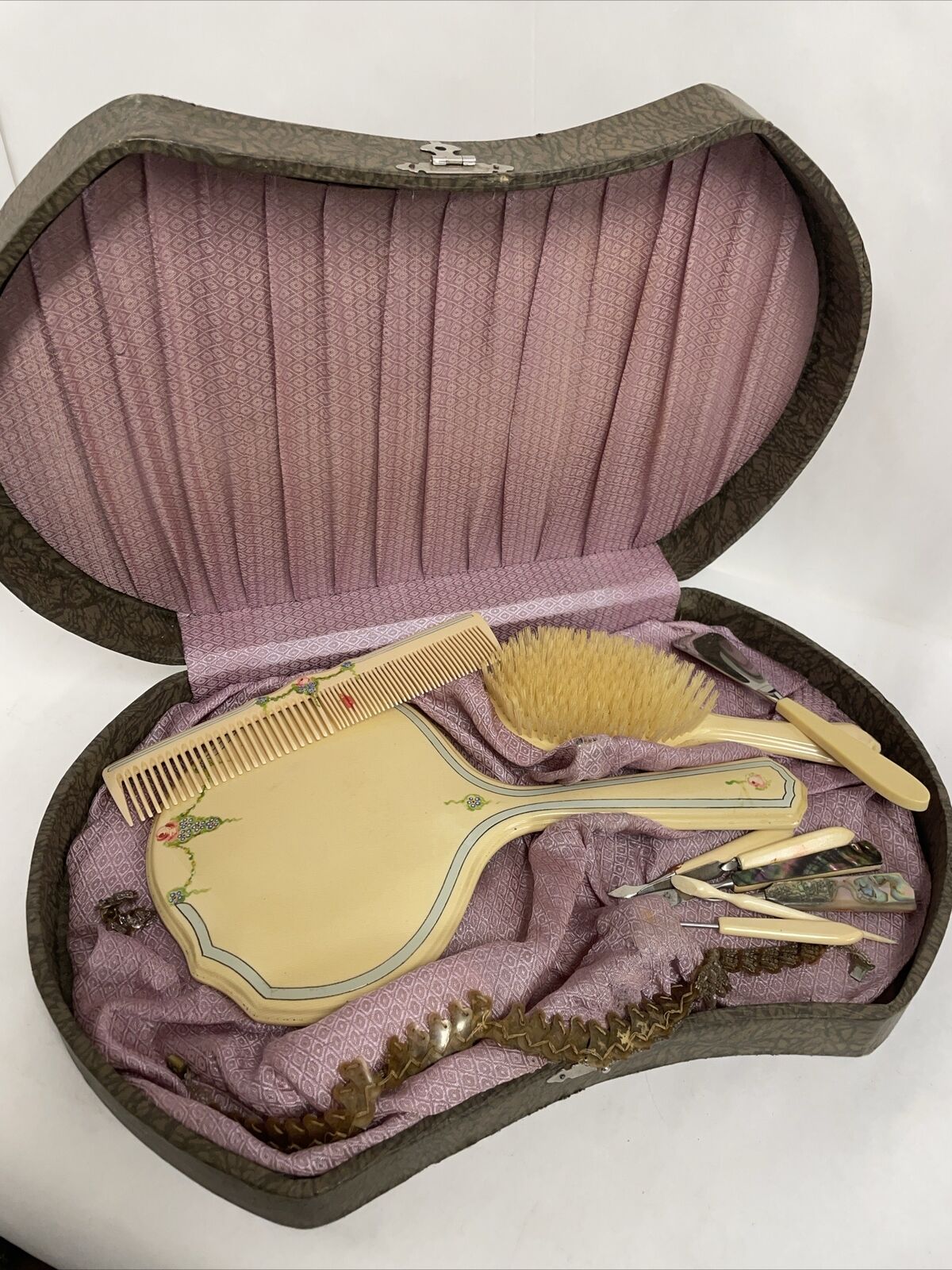 Vintage Celluloid Vanity Dresser Set 10 Piece Brush Mirror Travel Case 