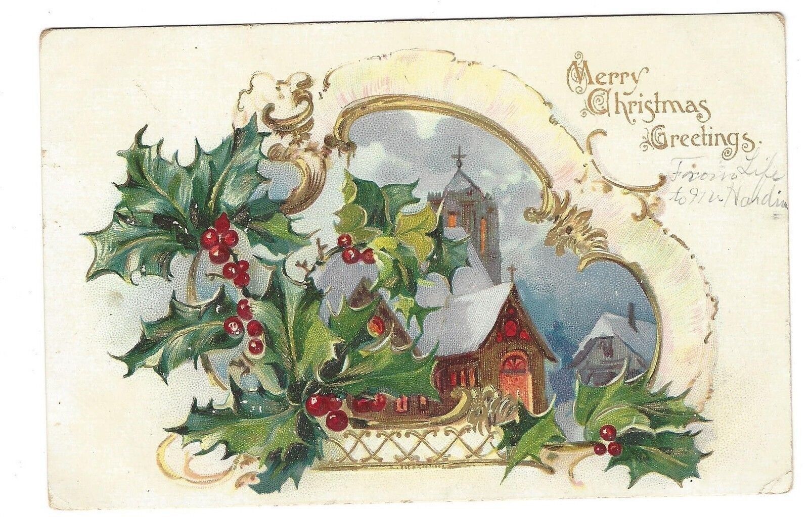 1909 Raphael Tuck Christmas PC Church Scene w Holly Decoration Embossed Germany