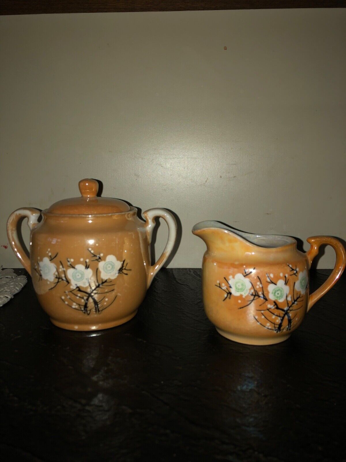 Hand Painted Luster Vintage  Cream and Sugar Set with Flowers Japan Gorgeous 