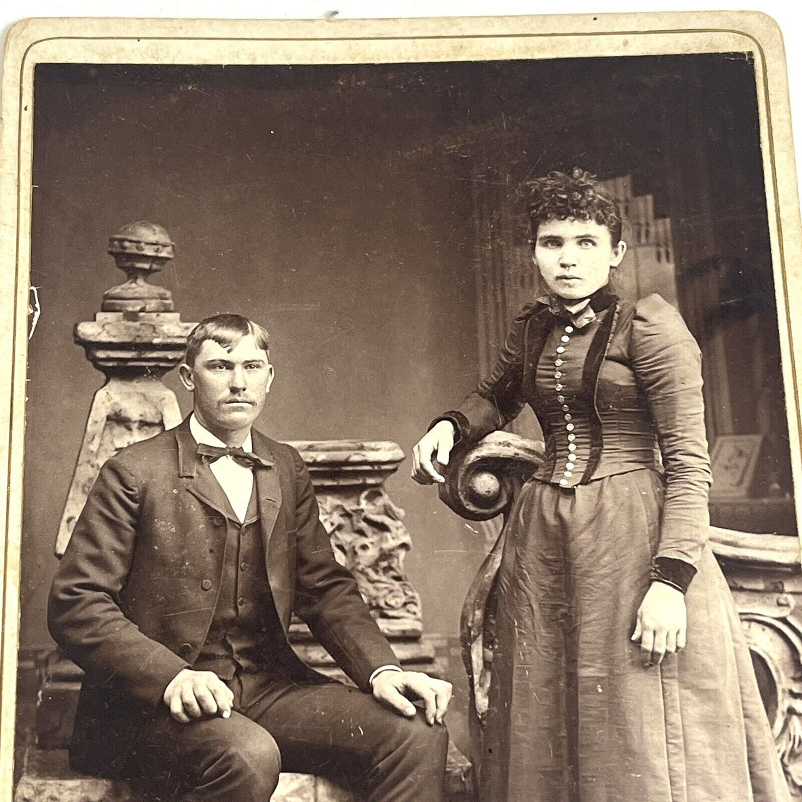 Antique Family Photo Cabinet Card Newlyweds Husband Wife Couple 5.5”x 4”