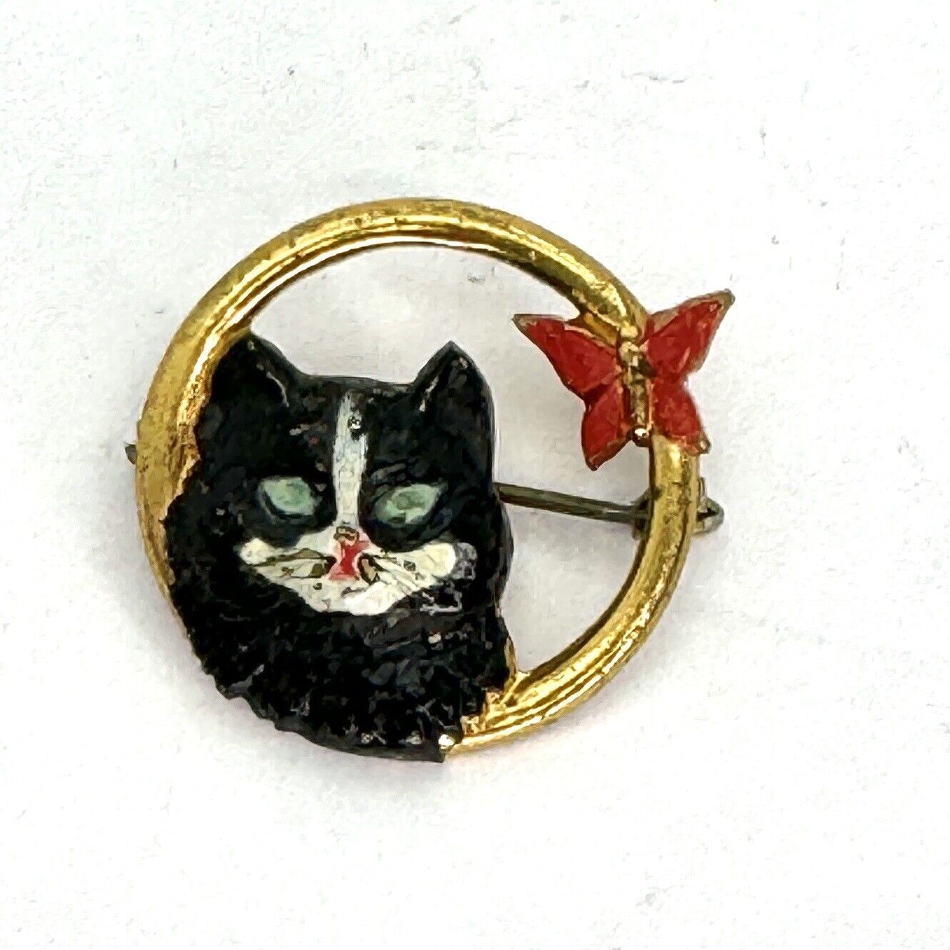 Vintage Black Enamel Black Cat With Brooch Gold Toned Red Bow