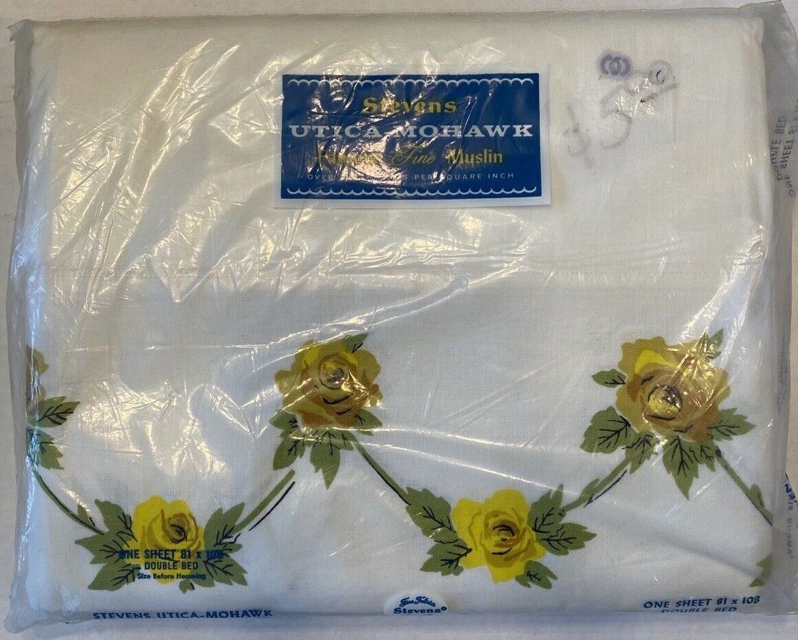 Stevens Utica Mohawk Double Flat Sheet Yellow Floral Rosebower NOS Vtg 1970s