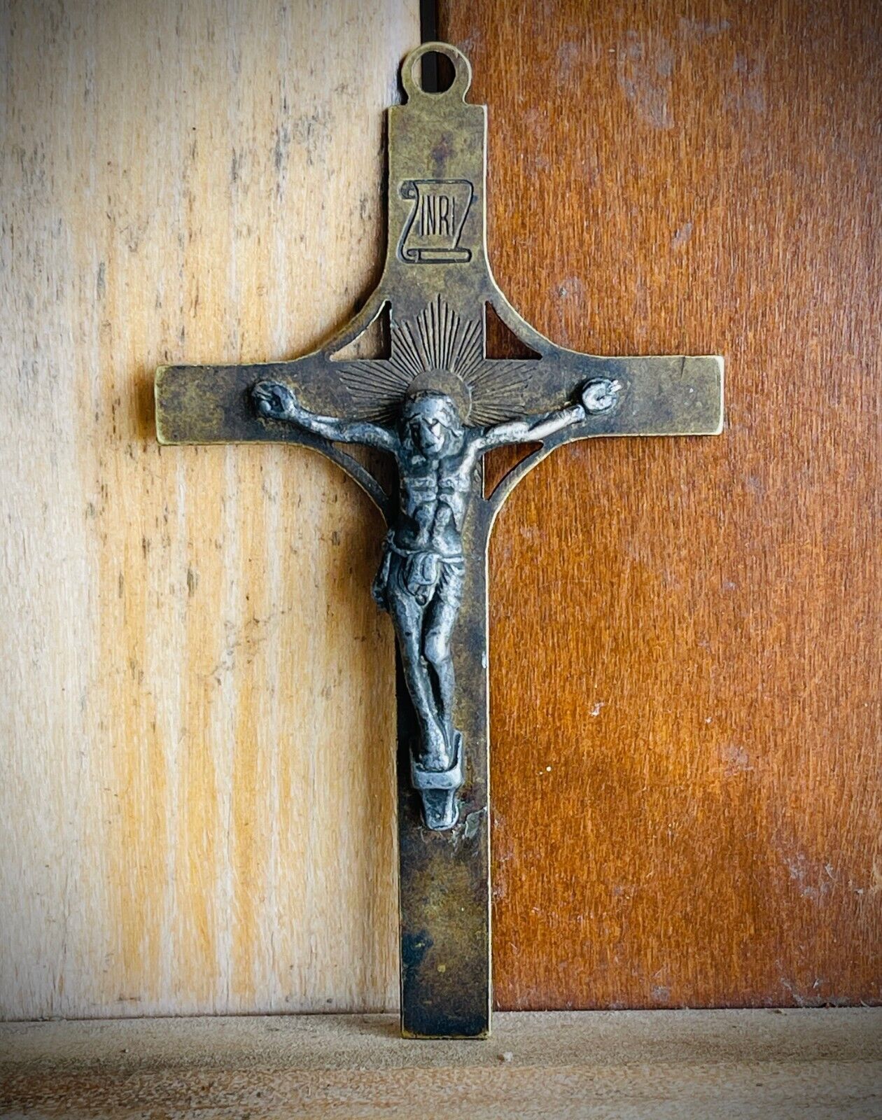 Stunning Old Patina Brass & Oxidized Sterling Silver 1930-1940 Crucifix Pendant
