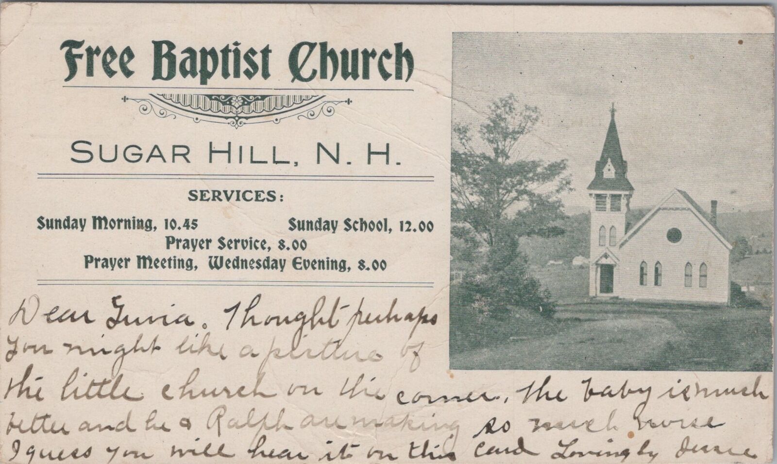 Free Baptist Church Sugar Hill Services New Hampshire Berlin 1906 Doane Postcard