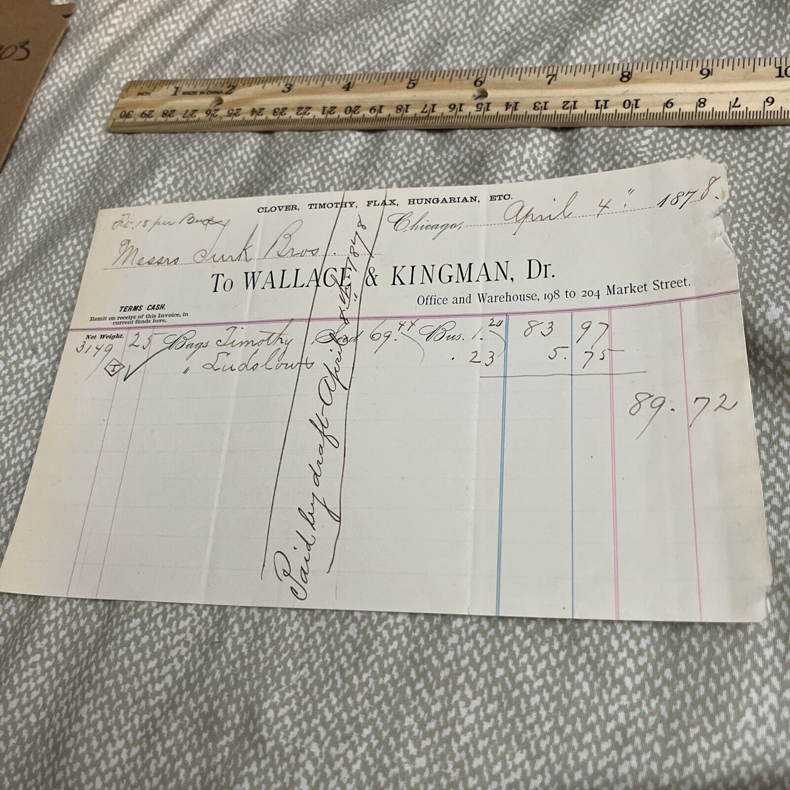 1878 Chicago (Market St) Wallace & Kingman Invoice for 25 Bags of Timothy Seed