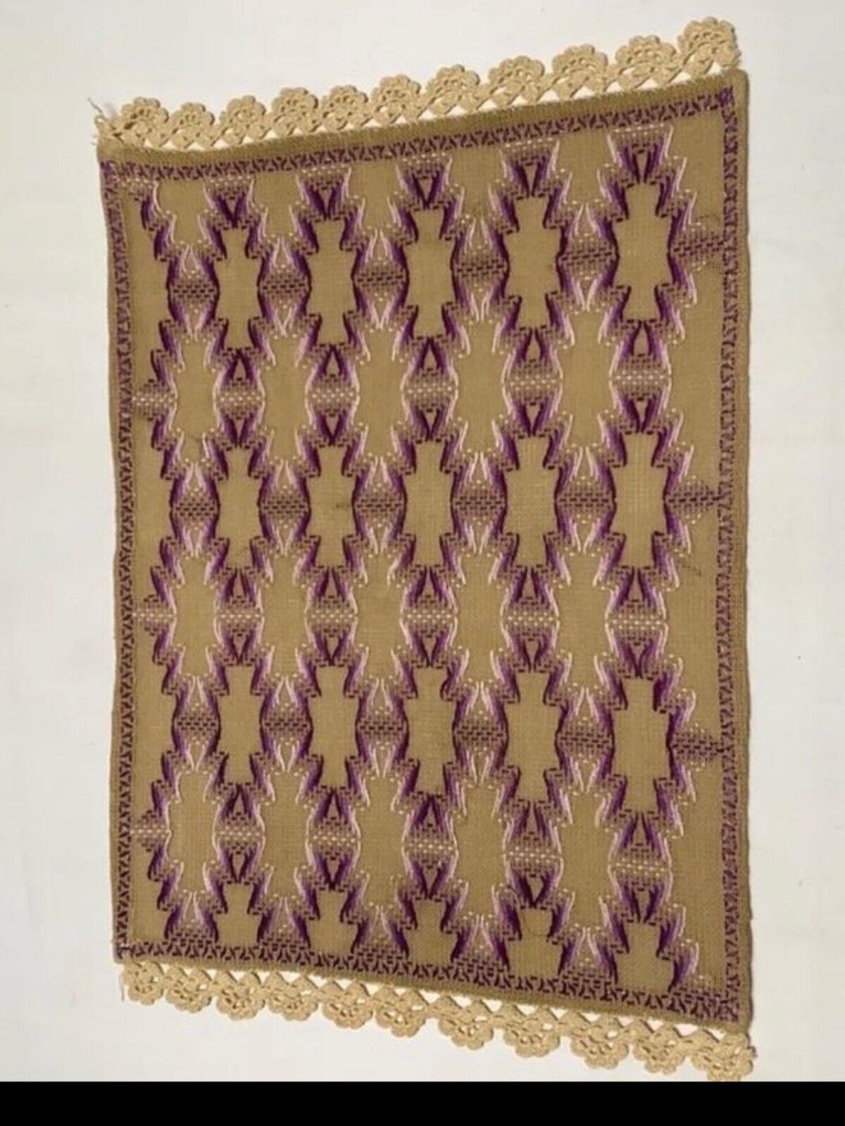 1900-20’ Edwardian Hand Embroidered Table Mat /Runner. Purple-Lavender-Cream