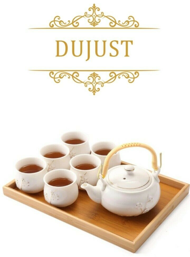 Dujust Japanese Tea Set White Porcelain with 1 Teapot 6 Tea Cups 1 Wooden Tray