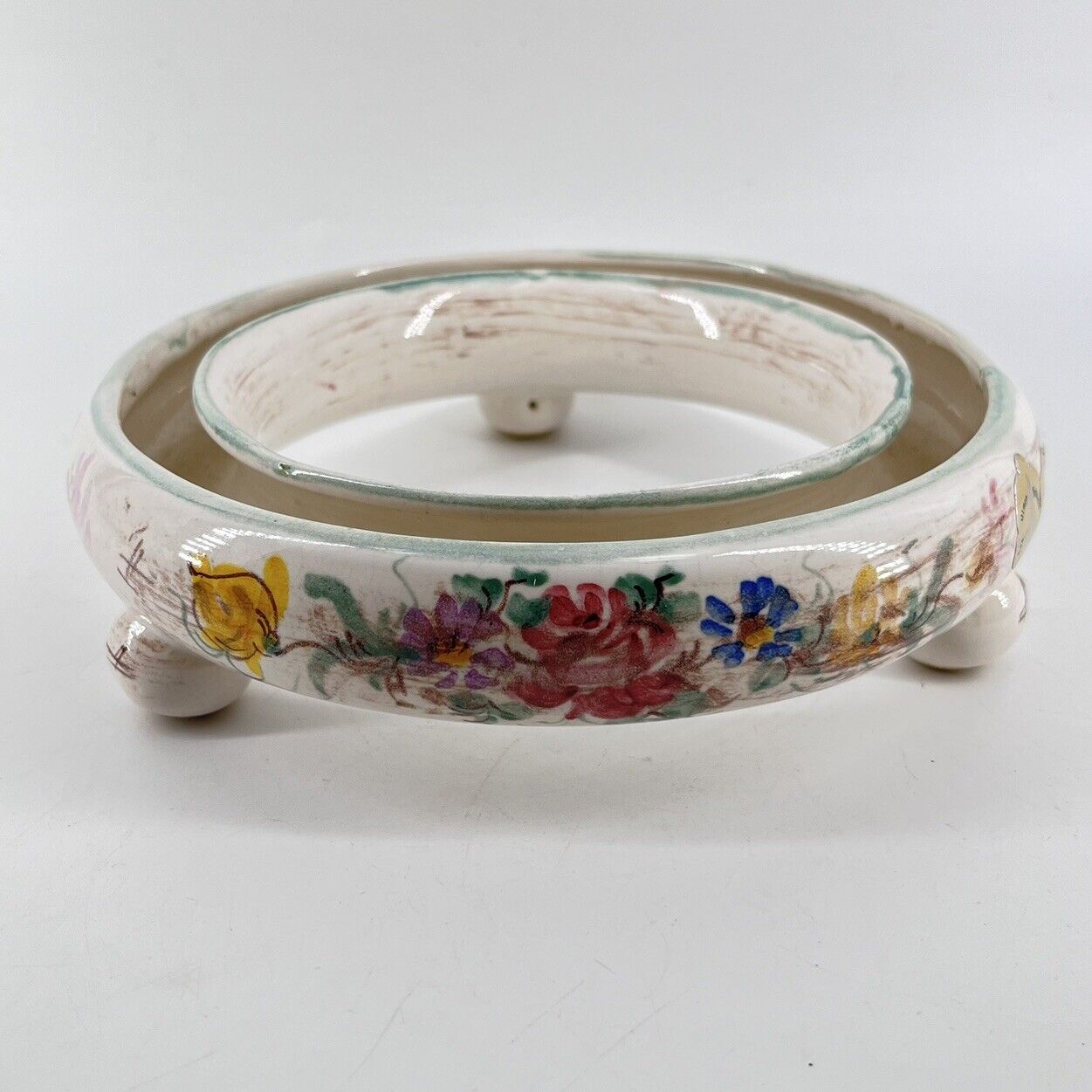 Ulmer Keramik Hand Painted Porcelain Vase Pansy Ring Footed Floral Frog Germany