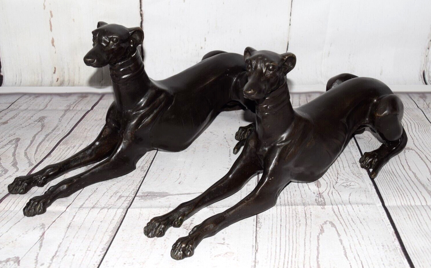 Pair Of Large Cast In Bronze Greyhound Whippet Dog Statues Sculpture Vintage
