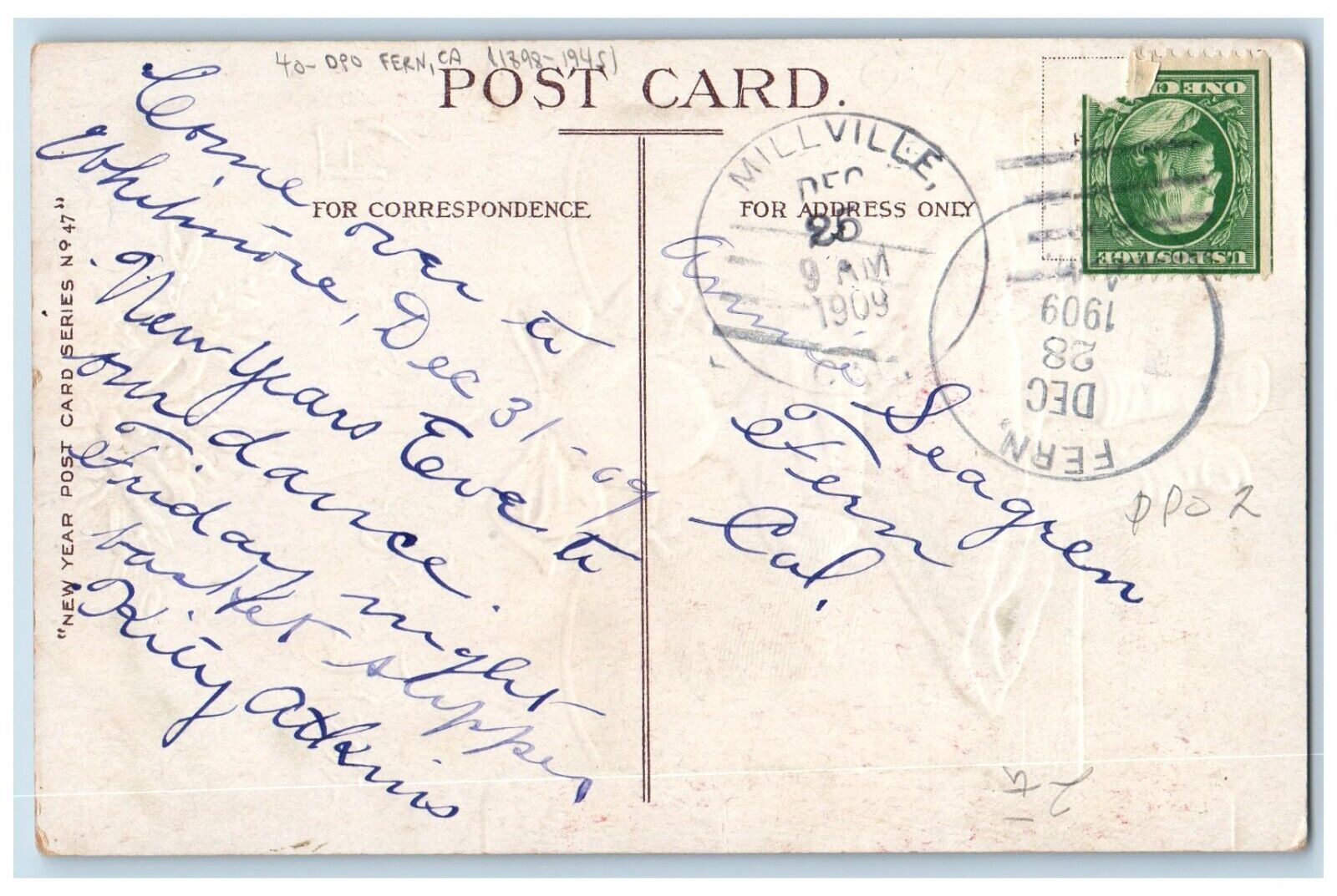 DPO Fern CA Postcard 1909 (1898 - 1945) New Year Little Girl Under Mistletoe