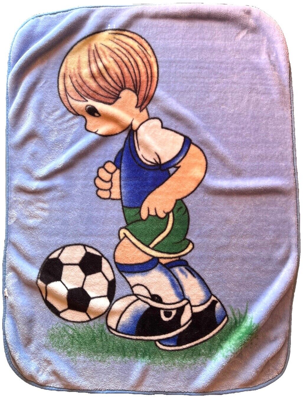 Vintage Precious Moments Baby boy Blanket Soccer Sport Plush Blue 41”x53”