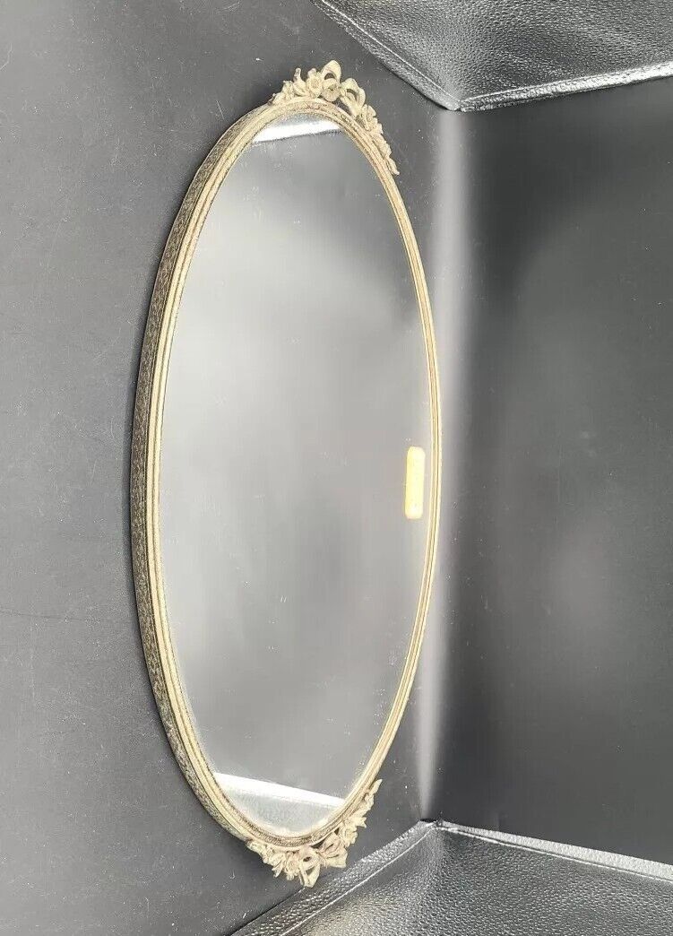 Vintage Oval Floral Ribbon Vanity Mirror Tray 16” x 10.25” Hollywood Regency
