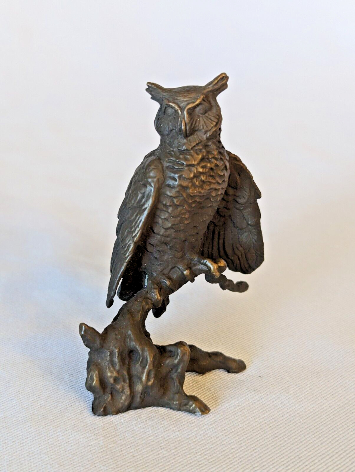 Vintage horned Owl on branch cast bronze Avon metal collectible figurine 3.25\
