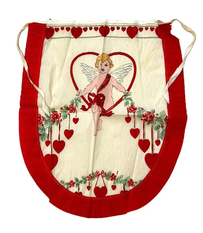 Vintage Cupid Valentine’s Day Hearts Crepe Paper Apron Ruffle Trim 1920s 30s