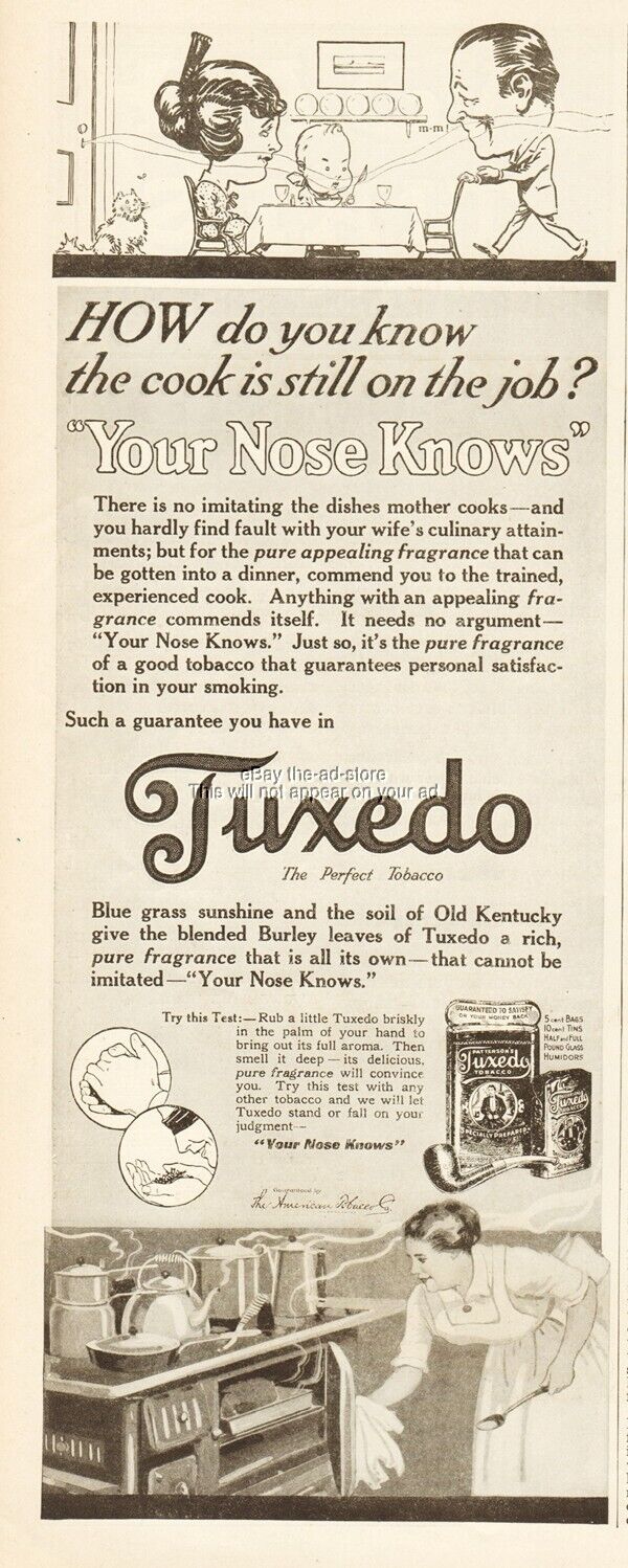 1917 Tuxedo American Tobacco Co Vintage Pipe Smoking Cook Your Nose Knows Ad