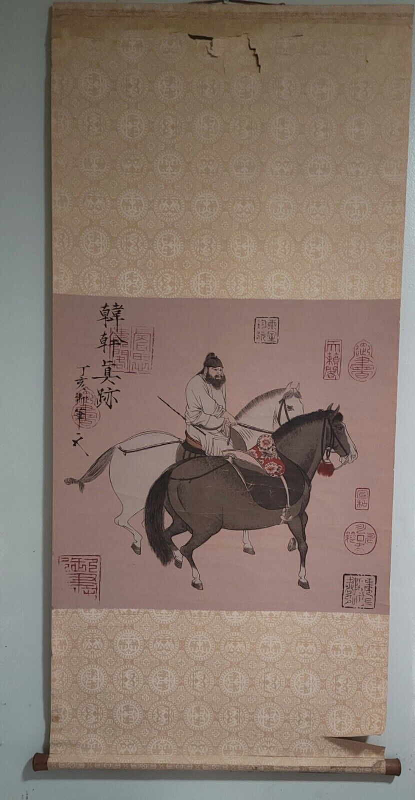 Vintage Two Horses and a Groom/Man Herding Horses Scroll by Han Kan